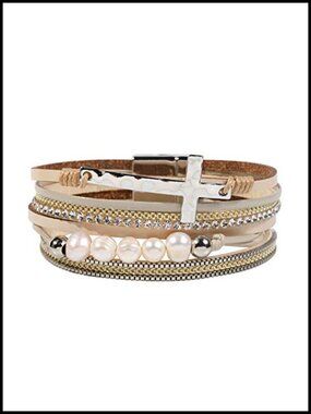 Leather Wrap Bracelet Multi-Layer Cuff Bangle Cross Charm Magnetic Clasp